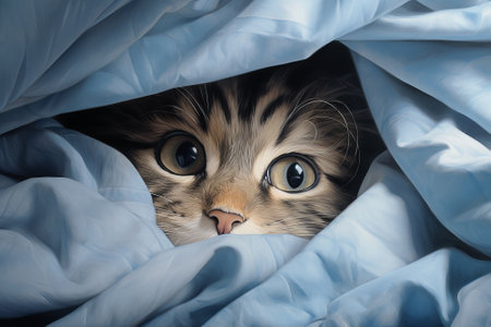 Cute cat hiding under a blue blanket in the bedroom. Toned.の素材