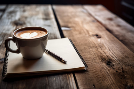 Coffee cup with note book and pen on wooden table.の素材