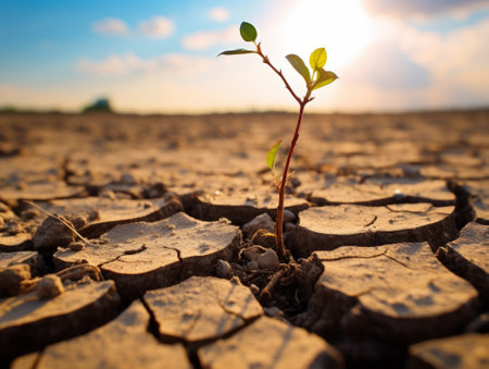Plant in the dry cracked soil. Global warming and climate change conceptの素材