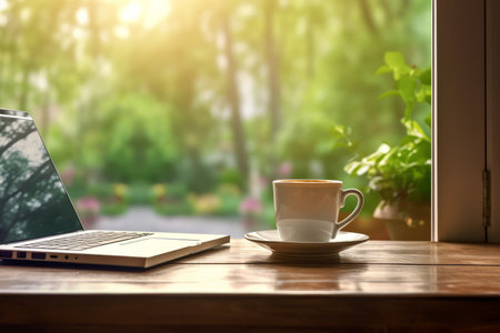 Coffee cup and laptop on wooden table in coffee shop.の素材