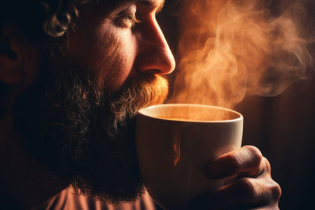 close-up portrait of a bearded man with a cup of coffeeの素材