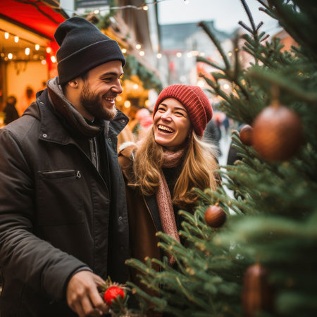 Happy young couple choosing christmas tree at outdoor market. Smiling man and woman choosing Xmas tree.の素材
