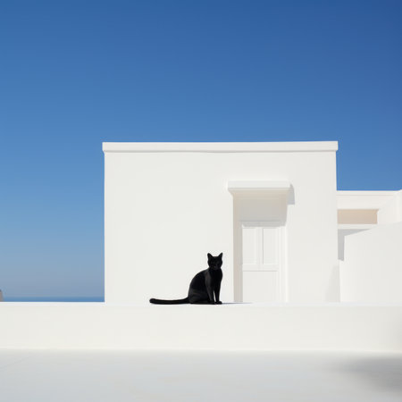 Black cat sitting in front of a white house with a blue skyの素材