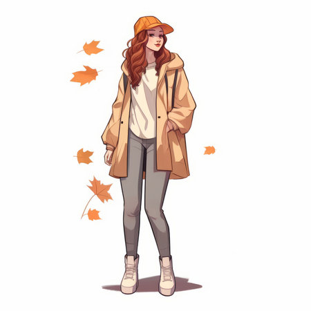 Beautiful young woman in autumn coat and cap. Vector illustration.の素材