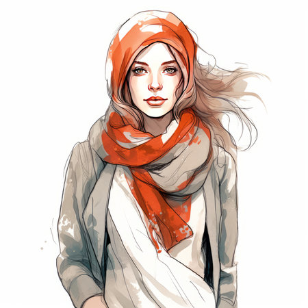 Beautiful young woman in scarf and shawl. Vector illustration.の素材