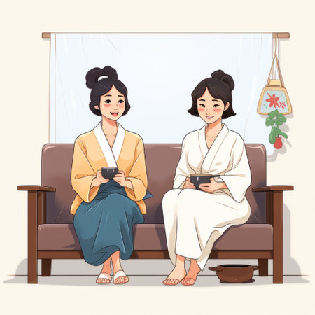 Two Asian women in bathrobes sitting on sofa and drinking coffee.の素材