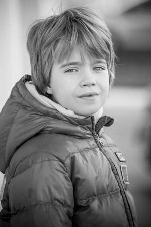 Black and white portrait of a boyの写真素材