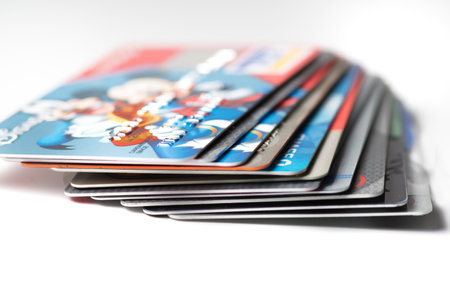 Close up of stack of credit cards on white background,illustrative editorialのeditorial素材