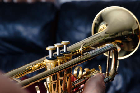 Trumpet. Close up of a trumpet, blurred backgroundの写真素材