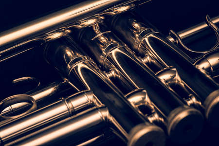 Close up of the valves of a trumpet on a black background. Details of a trumpetの写真素材