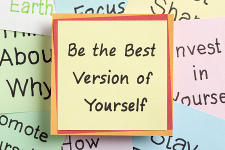 Top view of Be the Best Version of Yourself handwritten on a note.の写真素材