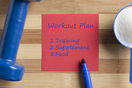 Workout Plan (Training,Supplement,Food) with sport supplement and dumbbell.Top view.の写真素材