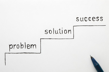Problem Solution Success text in the shape of a staircase on grey background. Strategies for Success