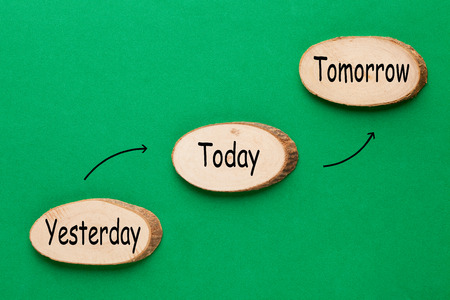 Yesterday Today Tomorrow text with wooden ellipse in the shape of a staircase. Business concept
