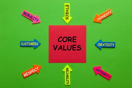 Core Values with keywords written on note and office supplies. Business conceptの写真素材