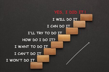 Yes I Did It sign with wooden blocks in the shape of a staircase. Business concept.の写真素材