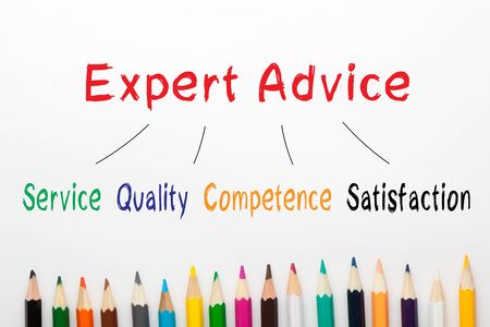 Expert Advice diagram and colored pencils on a white background.の写真素材