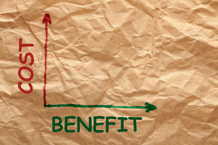 Cost and benefit graph on a wrinkled paper. Business concept.の写真素材