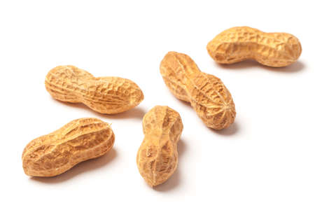 Several raw peanuts isolated on white background.