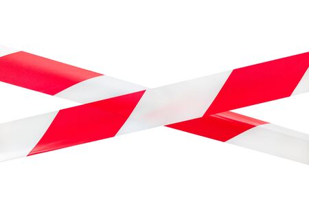 Two crossed red and white tapes isolated on white background. This kind of tapes are using to mark and prevent from dangerous or risky zones. Usually in construction and road activities police actions and many others.の写真素材