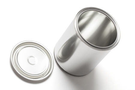 New blank and empty tin paint can with an open lid isolated on white background with clipping path.の写真素材