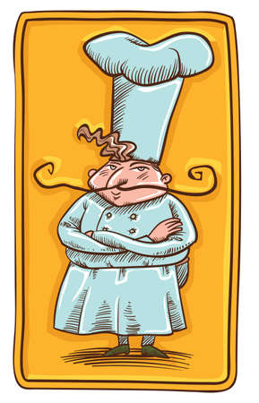small chef in big chef hat and long mustaches in white cloth on yellow background in engraving styleのイラスト素材