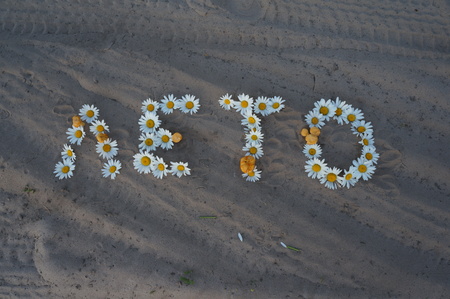 Russian word and letters - summer - composed of flowering white camomiles on sand