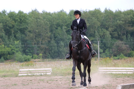 Medvedev, RUSSIA, AUGUST 26, 2017: Open championship on horse racing and jumping devoted to the day of the settlement of Medvedev - show-jumping- jumping over an obstacleのeditorial素材
