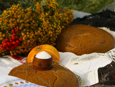 Autumn still life - loaf, pumpkin, mountain ash, tansy, wheat ears, salt,
on a white tablecloth with laceの写真素材