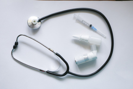 Stethoscope, syringe, inhaler, spray isolated on white backgroundの写真素材