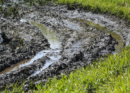 Dirty country road wet dirt, impassability. Mud and puddles on the dirt road. Traces from tractors...