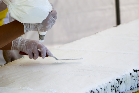 Confectioner decorating tasty cupcake with butter cream.  confectioner's hands in white gloves put  white cream of whipped cream on large festive cake sponge cake.の写真素材