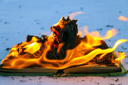 burning book in the snow. pages with the text in the open book burn with a bright flame.の写真素材