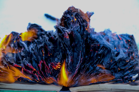 burning book in the snow. pages with the text in the open book burn with a bright flame.