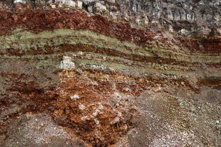 the texture of different layers of clay underground in a clay quarry after geological study of the soil.の写真素材