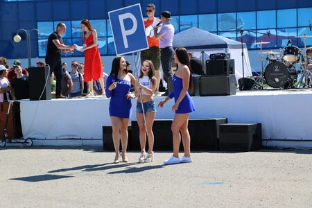 YOSHKAR-OLA, RUSSIA, JUNE 02, 2019: Exhibition of cars and motorcycles - Festival - YO SUMMIT 2019 - Autoshow - Hijack shows,  from the official StarLine alarm dealers and Ugonanetのeditorial素材