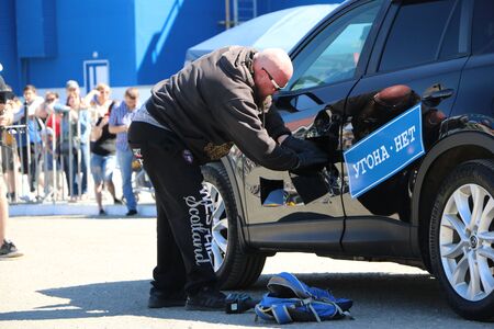 YOSHKAR-OLA, RUSSIA, JUNE 02, 2019: Exhibition of cars and motorcycles - Festival - YO SUMMIT 2019 - Autoshow - Hijack shows,  from the official StarLine alarm dealers and Ugonanetのeditorial素材