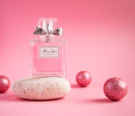 YOSHKAR-OLA, RUSSIA, JANUARY 29, 20201: glass bottle with delicate luxury perfume Miss Dior on a...