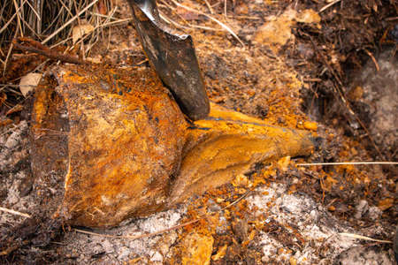 Old iron fragments, timers, metal waste, steel parts found after searching and producing scrap metal...
