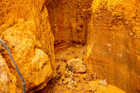 Textural sand, with a relief surface, multi-colored layers and different in size of granules, in an...