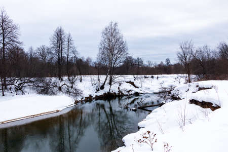 A forest river with a fast flow and small waves flows between snowy shores with trees and bushes...
