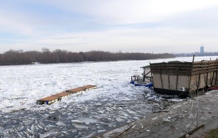 Frozen Danube river in Belgrade, Serbiaの写真素材