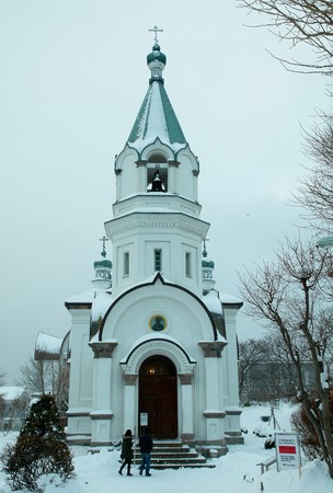 Hakodate City,Japan,December,21th,2009: Russian Orthodox Church In Snowing with peopleのeditorial素材