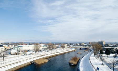 Hakodate City,Japan,December,21th,2009: Sight of  Hokkaido country with riverのeditorial素材