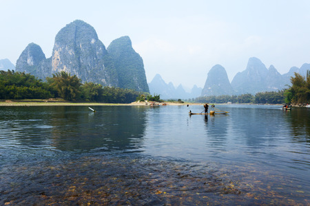 Li River scenery sight with fog in spring, Guilin, Chinaのeditorial素材