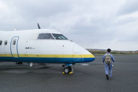 Yonaguni, Japan, December,17th,2013,Yonaguni air port runway with flightのeditorial素材