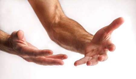 Man showing hands on a white backgroundの写真素材