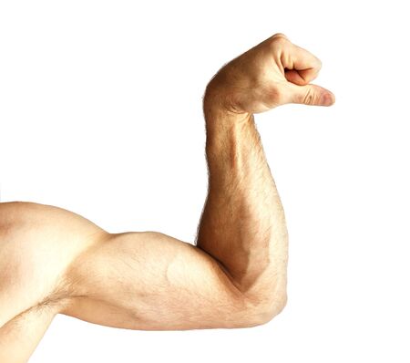 A man shows arm strength. Isolated on white.の写真素材