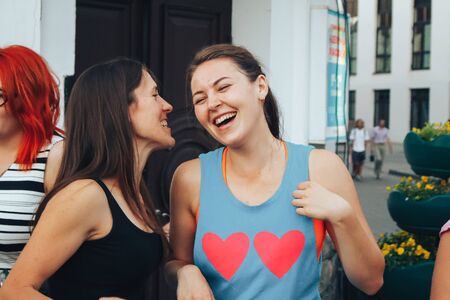 MINSK, BELARUS.JULY 29, 2017. Group of people laughing and posing in front of cameraのeditorial素材