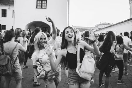 MINSK, BELARUS.JULY 29, 2017. Group of people laughing and posing in front of cameraのeditorial素材